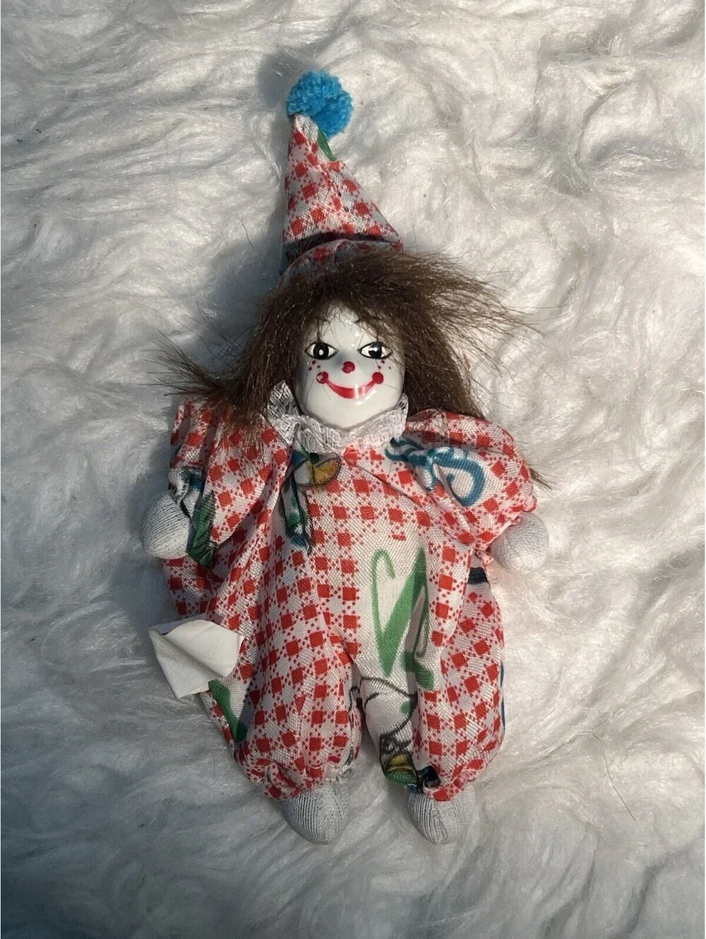 Vintage Porcelain Clown Dolls Sand Bag: Red Checkered Outfit & Brown Hair